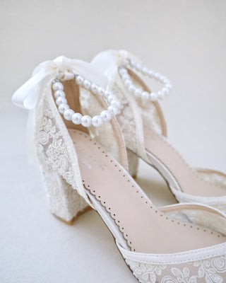 ivory crochet wedding block heels with pearl ankle strap