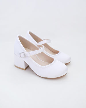 Girls Satin Mary Jane Block Heel with Mini Pearls