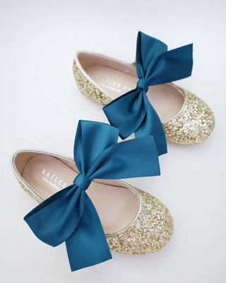Gold Rock Glitter Mary Jane with Dark Teal Satin BowKids Shoes