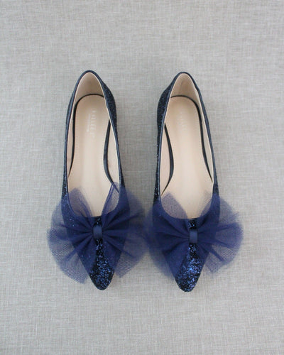 Navy Evening Pointy Toe Glitter Flats with Oversized Tulle Bow
