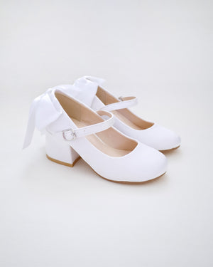 Girls Satin Mary Jane Block Heel with Back Satin Bow