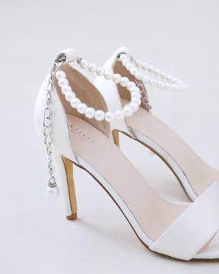 ivory satin high heel wedding sandals with pearl strap