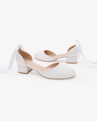 White Round Toe Satin Low Block Heel with Ballerina Lace Up