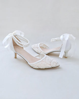 ivory crochet lace low heels with pearls ankle strap
