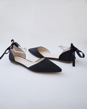 Satin Pointy Toe Evening Flats with Amaryllis Strap