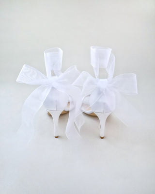 white satin high heels wedding sandals with wrapped tie