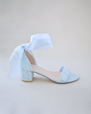 light blue crochet lace wedding sandals with wrapped satin ankle tie
