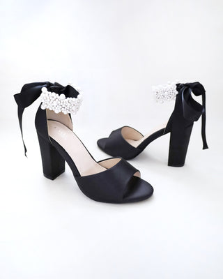 Satin Block Heel Evening Sandals with Perla Ankle Strap
