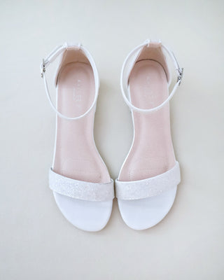 White Glitter Low Block Heel Bridal Sandals