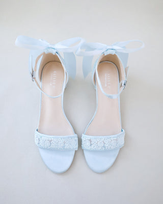 light blue crochet lace wedding heel sandals with bow
