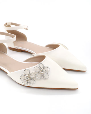Satin Pointy Toe Wedding Flats with Rhinestones Chassia Flower