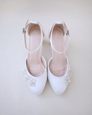 Satin Wedding Block Heel with Rhinestones Chassia Flower