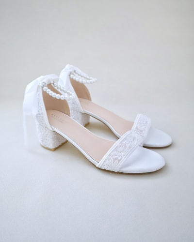 white crochet lace wedding heel sandals with pearl strap