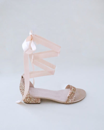 Rose Gold Rock Glitter Low Block Heel Ballerina Bridesmaids Sandals