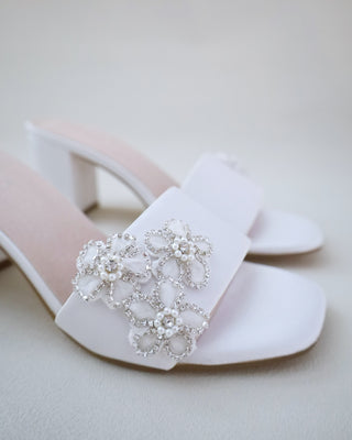 White Satin Block Heels Slide Wedding Sandals with Rhinestones Chassia Flower