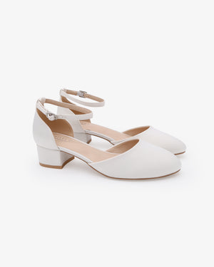 Round Toe Satin Low Block Heel with Ankle Strap