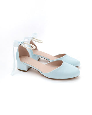 Round Toe Satin Block Heel with All Pearls Ankle Straps