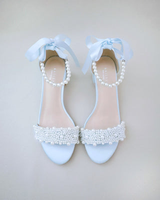 Satin Block Heel Wedding Sandals with Perla Applique and All Pearls Strap