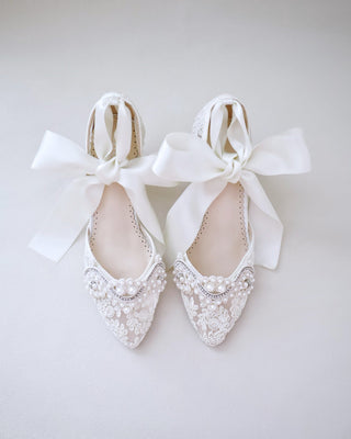 ivory crochet wedding block heels with pearl applique
