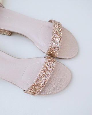 Rose Gold Rock Glitter Low Block Heel Ballerina Bridesmaids Sandals