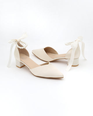 Satin Pointy Toe Low Block Heels Wedding Shoes with All Pearls Ankle Strap