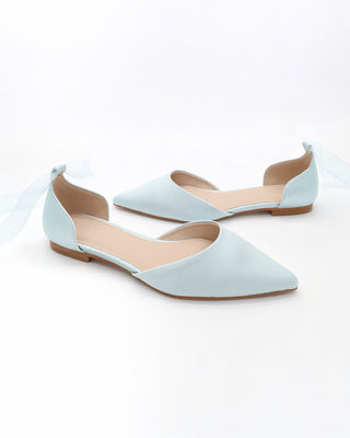 Satin Pointy Toe Bridal Flats with Ribbon Tie or Pearls StrapWomen Shoes