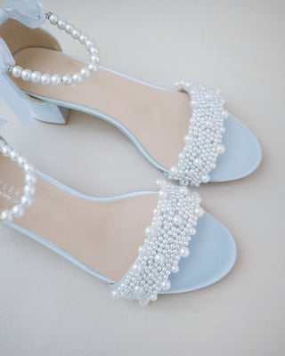 Satin Block Heel Wedding Sandals with Perla Applique and All Pearls Strap