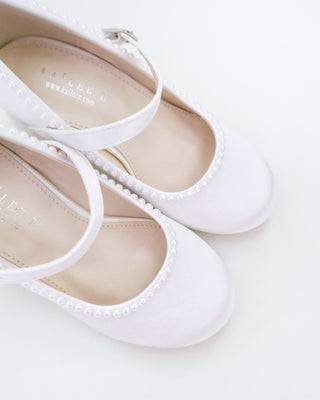 Girls Satin Mary Jane Block Heel with Mini Pearls