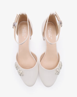 White Round Toe Satin Low Block Heel with Rhinestones Chassia Flower