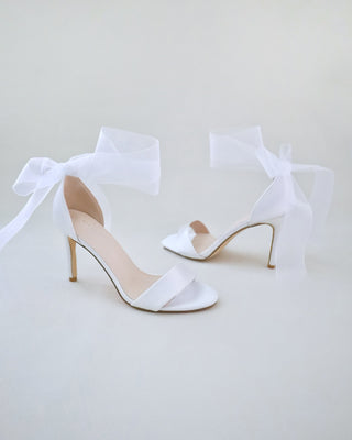 white satin high heels wedding sandals with wrapped tie