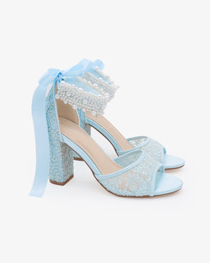 Crochet Lace Block Heel Sandals with Perla Ankle Strap