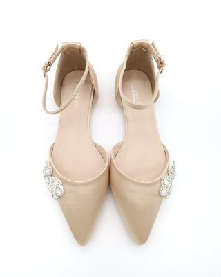 Satin Pointy Toe Evening Flats with Rhinestones Chassia Flower