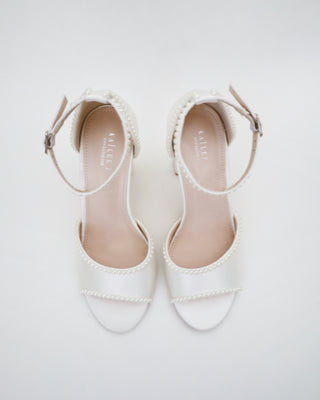 Satin Block Heel Wedding Sandals with Mini Pearls