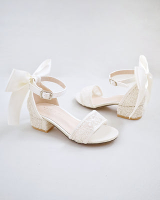 Ivory Lace Low Block Heel Flower Girls Sandals with Back Satin Bow