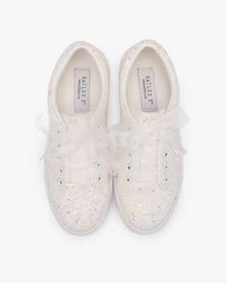 White Rock Glitter Wedding Platform Sneakers with Sheer Lace Bow