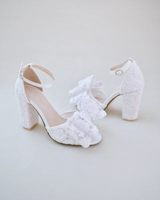 Crochet Lace Block Heel Sandals with Oversized Crochet Lace Bow