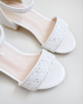 White Glitter Low Block Heel with Satin Back Bow