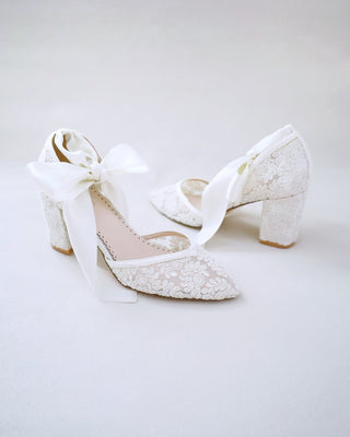 ivory lace block heels with ankle tie