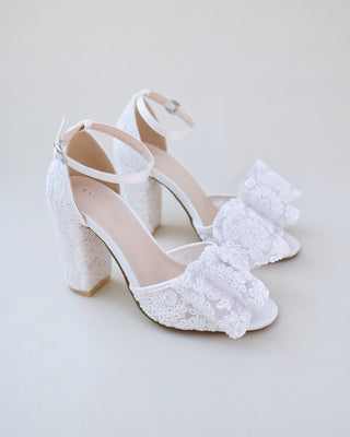 Crochet Lace Block Heel Sandals with Oversized Crochet Lace Bow