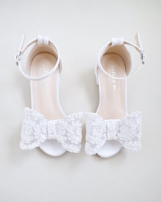 White Crochet Lace Low Block Heel Girls Sandals with Lace Bow