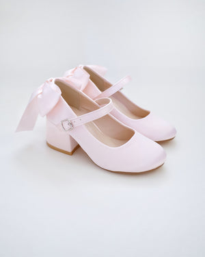 Girls Satin Mary Jane Block Heel with Back Satin Bow