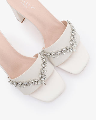 Satin Block Heels Slide Wedding Sandals with Starlet Rhinestones EmbellishmentsWomen Shoes