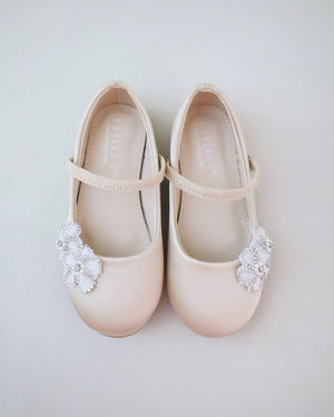 Satin Mary Jane Flats with Rhinestones Chassia Flower