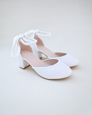 Girls Satin Block Heel with All Pearls Ankle Strap