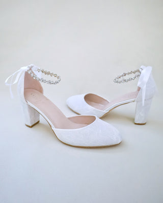 white lace wedding block heels with rhinestones strap