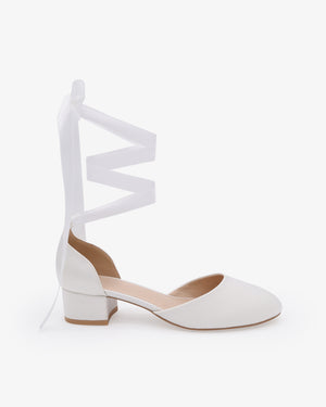 Round Toe Satin Low Block Heel with Ballerina Lace Up