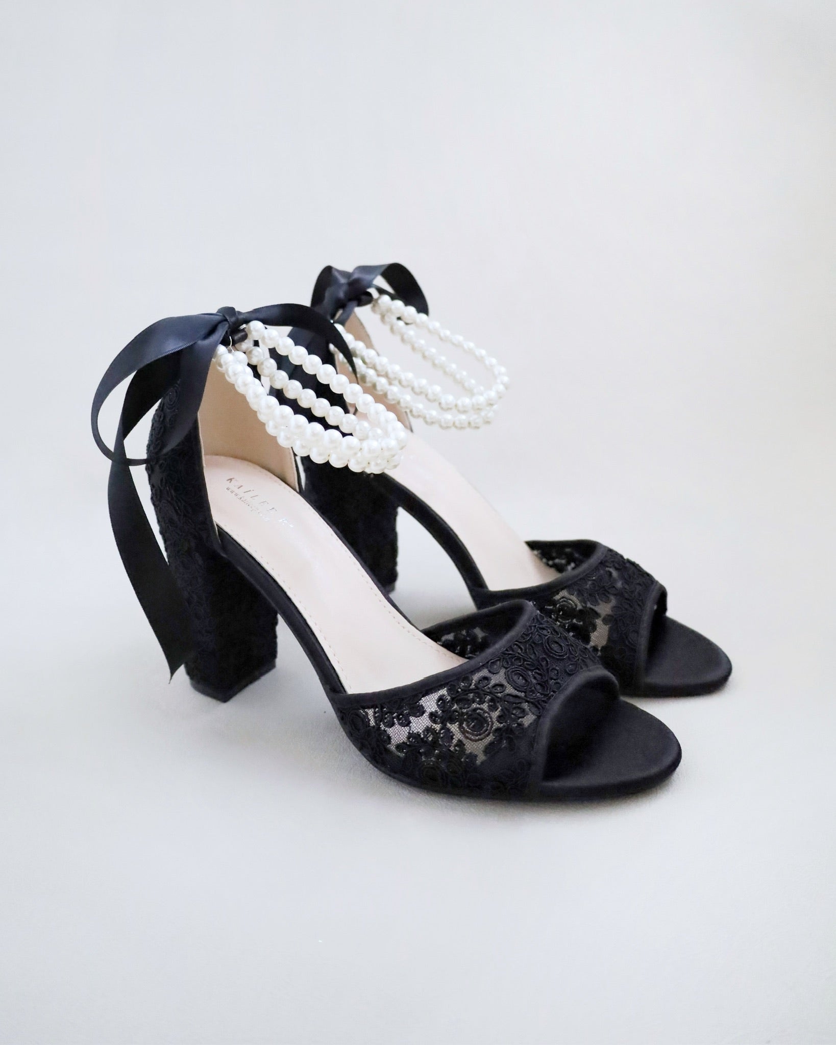 Black Crochet Lace Block Heel Evening Sandals, Pearls Bridal Shoes