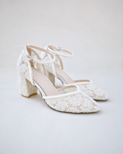 Ivory Bridal Lace Block Heel with Mini Pearls