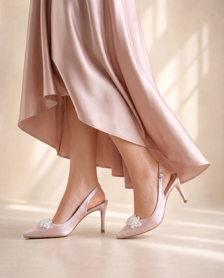 Satin Pointy Toe Slingback Wedding Pumps with Button BroochWomen Shoes