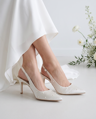 Satin Pointy Toe Slingback Wedding Pumps with Scattered PearlsWomen Shoes